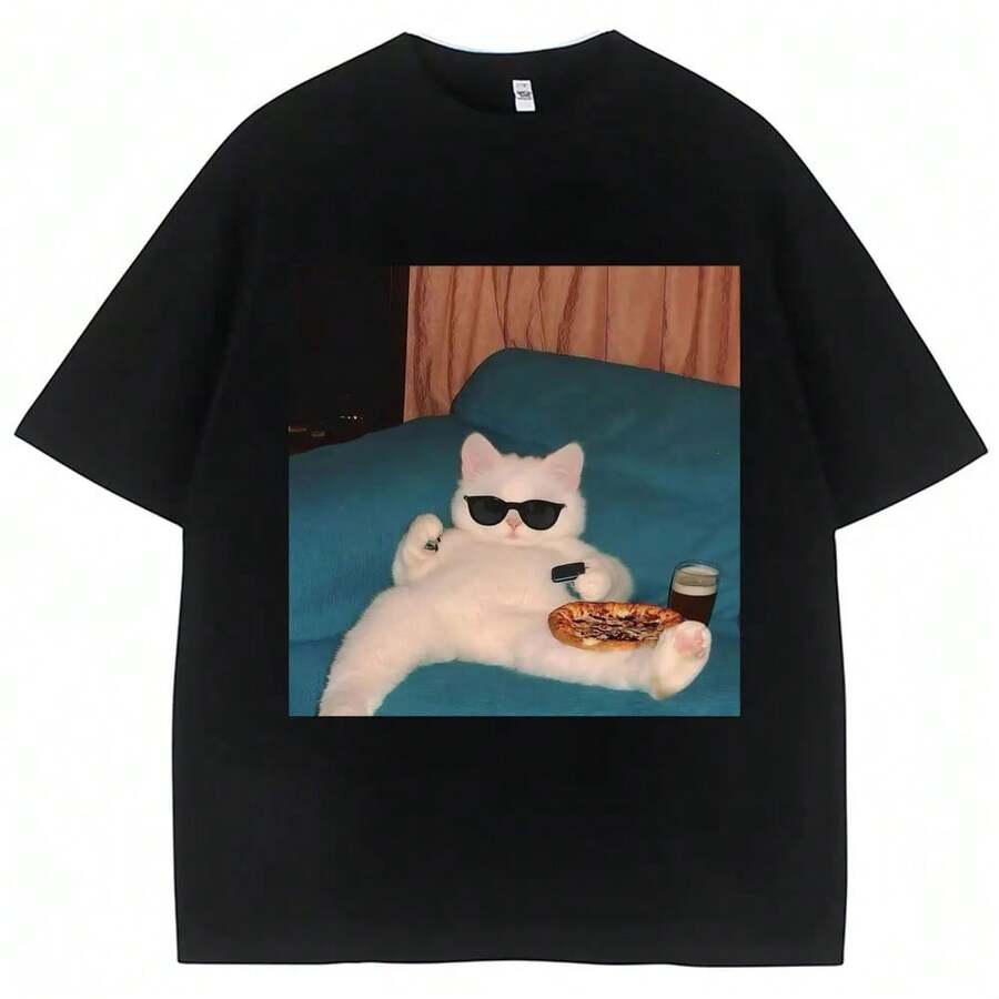 Camiseta con meme de gato con gafas divertidas y pizza para mujer, camisetas creativas de moda kawaii, camisetas casuales, regalos para amantes de los gatos, camisetas con estampados gráficos. - Negro - Ver 1