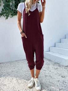 SUN - Shirtless Jumpsuit With Open Back And Double Pocket - 酒紅色 - 查看 8