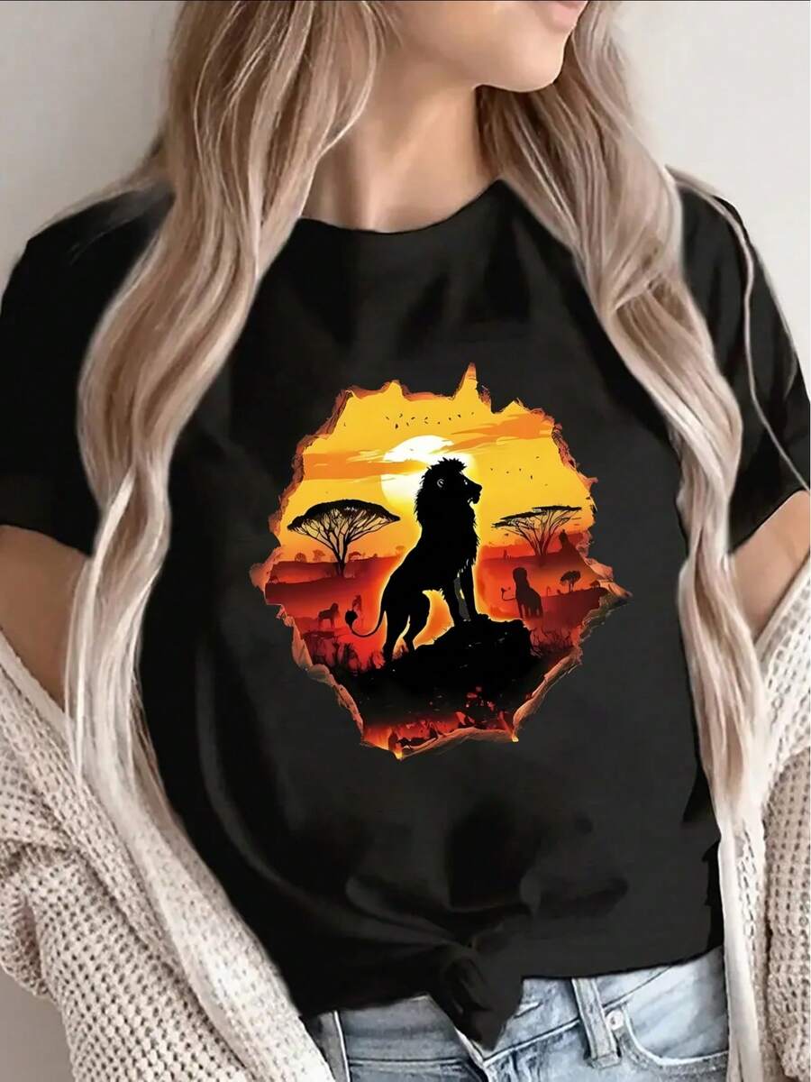 Camiseta de mujer, ligera y resistente, de color negro, con diseño de lobo al atardecer, perfecta para el ocio en casa o actividades al aire libre, ofrece un uso cómodo para el día a día, 100% algodón. - Negro - Ver 1