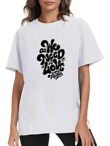 Camiseta de Algodón con Estampado Artístico de Lema de Amor, Diseño Retro Duradero, Estilo Versátil y Atrevido de la Cultura Maya, para Reuniones Sociales Casuales, Moda Vanguardista, Estilo de Unidad para Amantes - Blanco - Ver 1