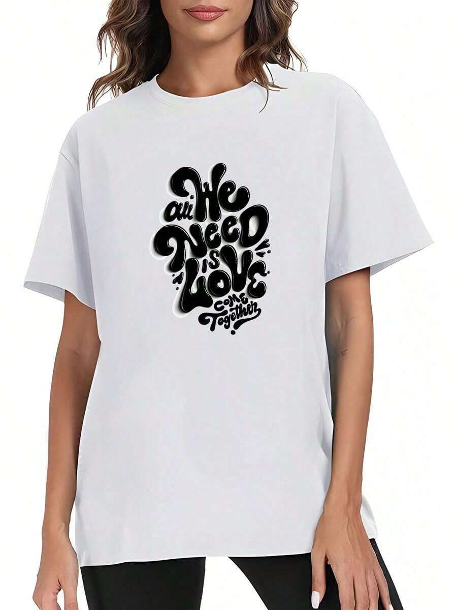 Camiseta de Algodón con Estampado Artístico de Lema de Amor, Diseño Retro Duradero, Estilo Versátil y Atrevido de la Cultura Maya, para Reuniones Sociales Casuales, Moda Vanguardista, Estilo de Unidad para Amantes - Blanco - Ver 1