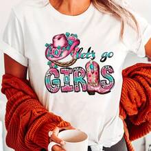 Retro Cowgirl T-Shirt "Let's Have Fun!",  And Stylish Letter Print, Casual Short-Sleeved Crew Neck Top For Summer And Spring, Women's Clothing - 白色 - 查看 2