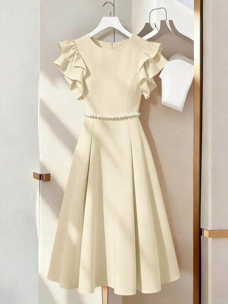 Vestido de línea A con decoración de cadena de perlas y mangas acampanadas, adecuado para salidas diarias, citas, fiestas, graduaciones, vacaciones y el Día de San Valentín - Albaricoque - Ver 1