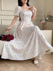 Vestido floral con cintura ceñida, elegante, de cuello cuadrado y mangas de pétalo, vestido de cumpleaños, vestido de vacaciones, vestido de fiesta elegante - Rosa - Ver 1