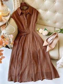 Vestido de camisa de unicolor minimalista para mujer - Marrón - Ver 4