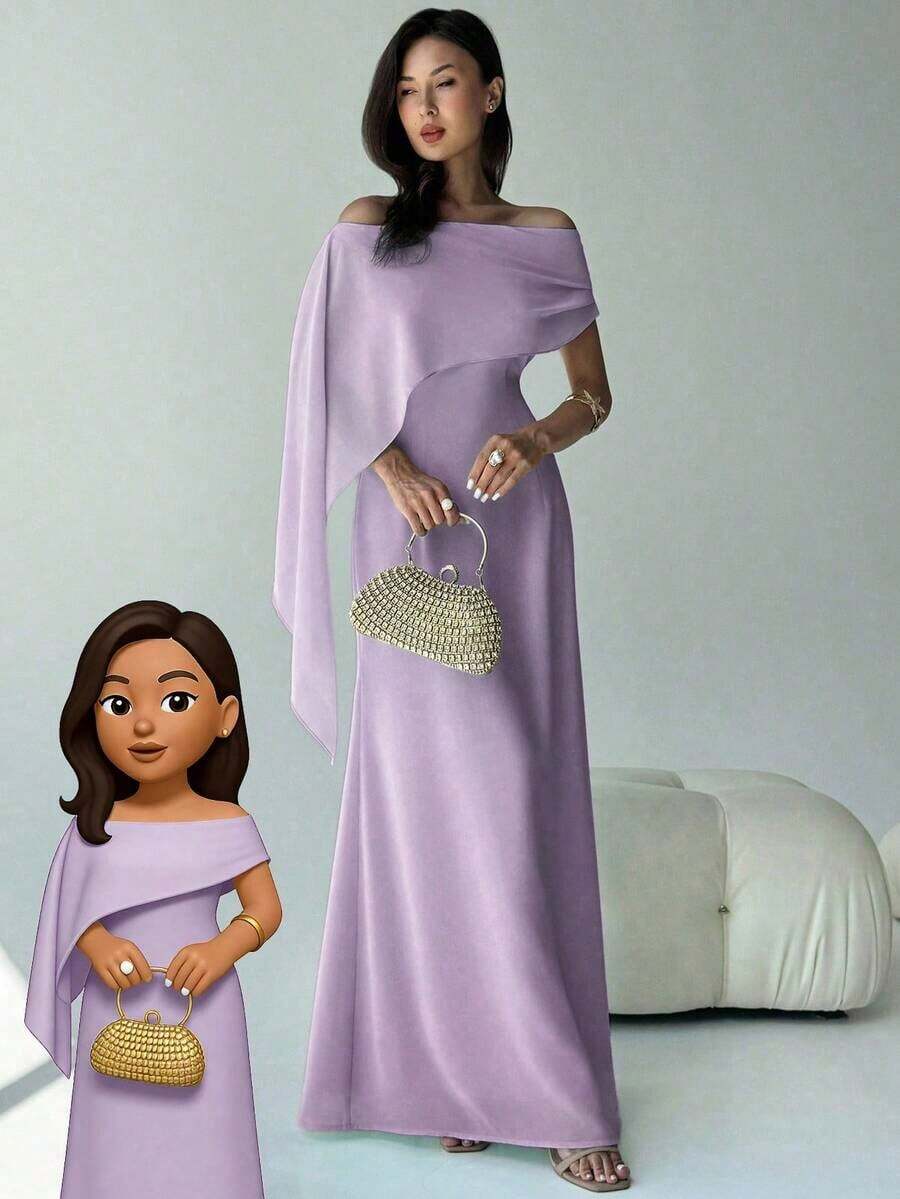 Nuevo vestido de hombros descubiertos con cuello de barco, ajuste ceñido y fluido con detalle de lazo, versátil para cumpleaños, fiesta, cóctel, color verde - Lila Púrpura - Ver 1