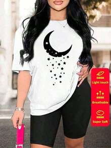 Women's Cotton T-Shirts Women's Short Sleeve T-Shirt, Round Neck, 100% Cotton, Loose Fit, Casual And Versatile Style With Modern Print. - 白色 - 查看 2