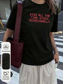 1 pieza de camiseta casual de verano para mujer con cuello redondo y mangas cortas, diseño gráfico de "Daily Kiss All The Time Disco Occasionally", merchandising del álbum de Harry, camiseta de concierto de la gira. 180g 100% algodón. - Negro - Ver 4