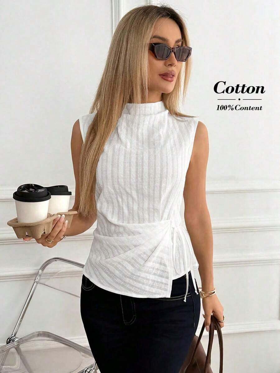 Blusa con volantes y rayas versátil y de moda, adecuada para uso diario y reuniones - Blanco - Ver 1