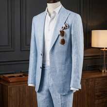 Linen Men'S Suit Set Casual Tuxedo 2pcs Regular Fit Blazer One-Button Solid Jacket And Pants For Prom Wedding Party - Sky Blue - 查看 1