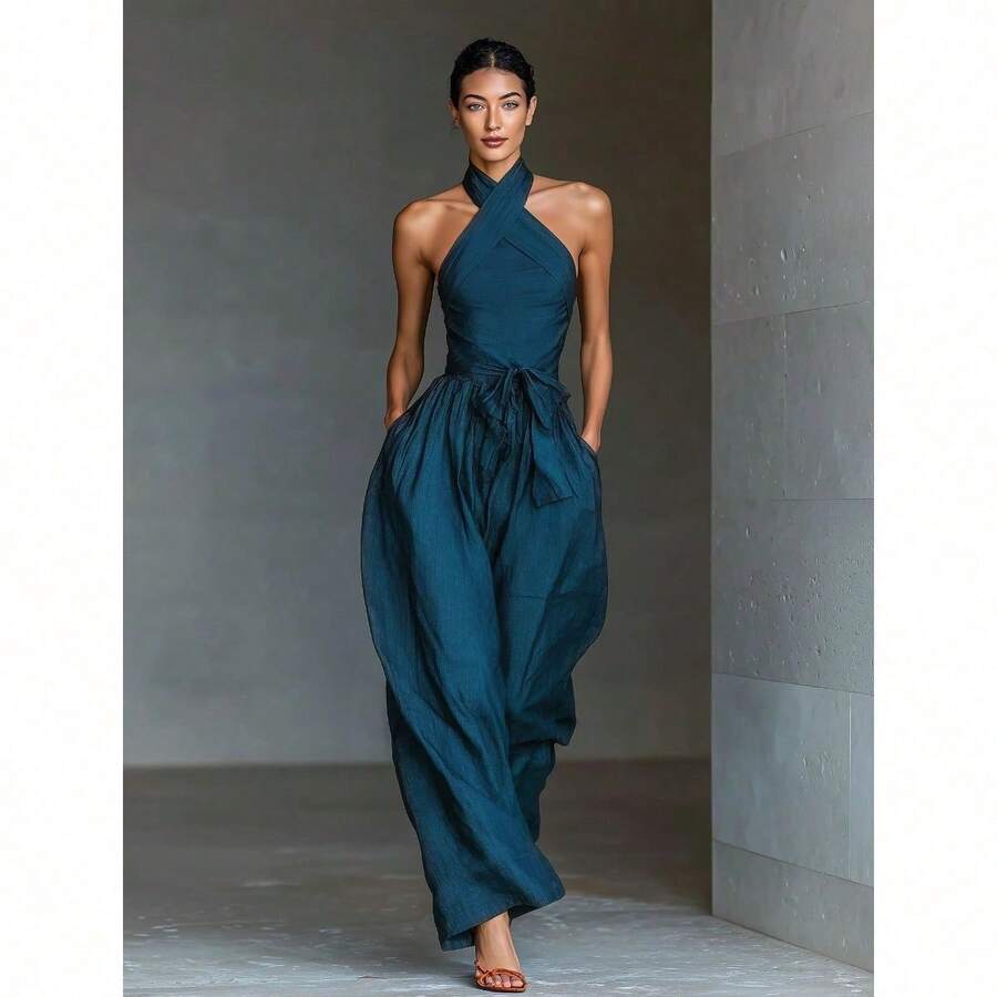 Mono nuevo para mujer de lino con tirantes cruzados, cordón ajustable y pantalones anchos - Azul - Ver 1