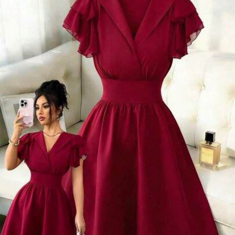 guang zhou mi qian shang mao Nuevo vestido corto casual, versátil y elegante para mujer con diseño de manga con volantes de parche de unicolor reversible de gasa con cordón en la cintura - Burdeos - Ver 1