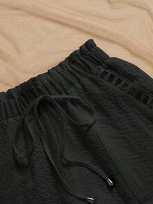 Pantalones cortos casuales sueltos con cintura de corbata a rayas para mujer - Negro - Ver 6