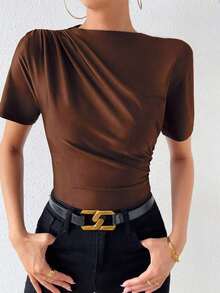 Camiseta con cuello de tortuga fruncida - Marrón 2 - Ver 3