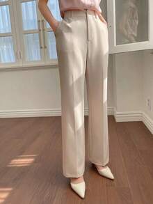 Pantalones rectos de unicolor de estilo casual y de negocios, pantalones de vestir de tiro bajo para mujer - Albaricoque - Ver 6