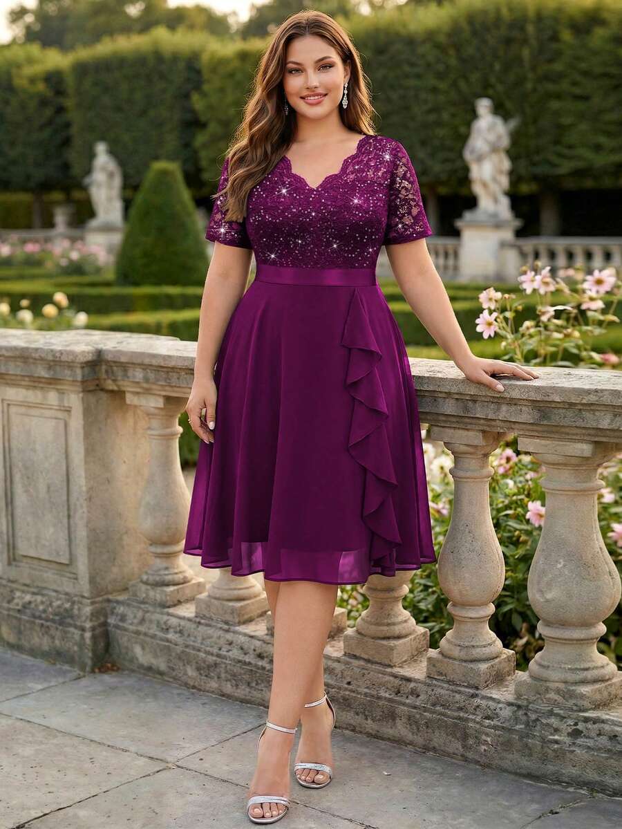 Plus Size Elegant Sequin Lace V-Neck Chiffon Ruffle Trim Evening Party Full Skirt, Wedding Guest Dress, Summer Dress, Suitable For Birthday, Graduation Ceremony, Dinner
