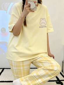 Teen GirlSummer Short Sleeve & Pants Set, Crew Neck Cartoon Rabbit Print Outfit - Yellow - View 5