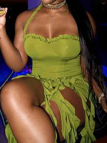 Plus Size Green Strapless Ruffle Asymmetrical Long Dress For Women Chic Party & Night Club Wear - Green - View 9