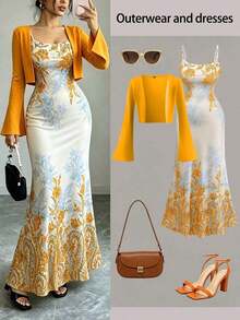 Look romántico y femenino: conjunto de dos piezas formado por cárdigan de punto de manga acampanada en tono sólido y vestido ceñido con flores, perfecto para celebrar San Valentín o lucir en eventos de primavera y verano - Naranja Quemada - Ver 1