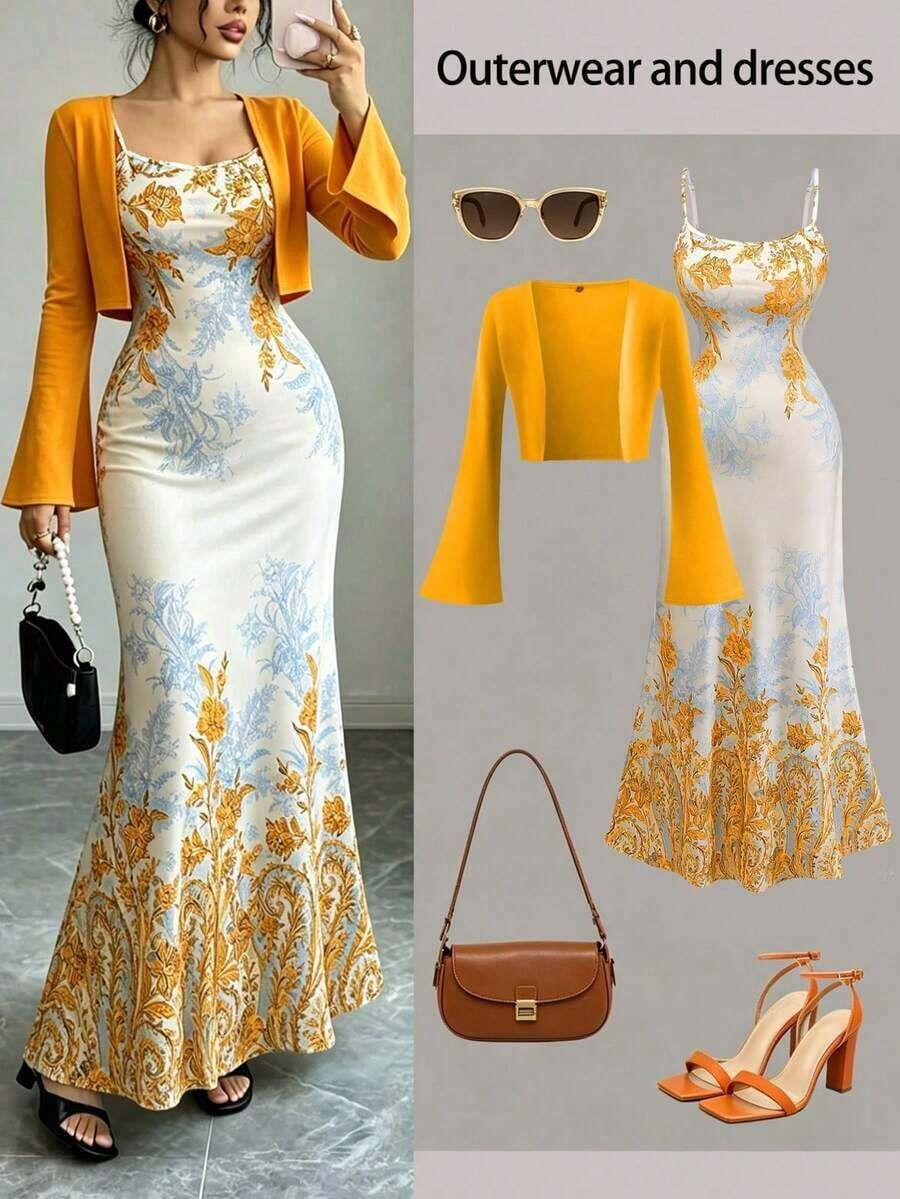 Look romántico y femenino: conjunto de dos piezas formado por cárdigan de punto de manga acampanada en tono sólido y vestido ceñido con flores, perfecto para celebrar San Valentín o lucir en eventos de primavera y verano - Naranja Quemada - Ver 1