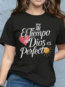 Women's Graphic Print T-Shirt Blouse, Casual Style, Love Print, Couples, Heart, February, Regular Fit, Soft Material, Crew Neck, Short Sleeves, Everyday Wear, Day Or Night, Street Style, Home, Comfortable, Cool, Lightweight, Modern, Youthful, Urban Aesthetic, Spring, Summer, Beach, Heat, Y2K, Feminine, Religious Phrase, God's Timing Is Perfect, Christian Lettering, Heart - 黑白 - 查看 5