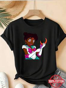 Traje de Cosplay de para Mujer - Blusaágica de Manga Corta conónico, Atuendo% de Verano para Fiestas Temáticas y Ropa Casual (Lavable aáquina)Daily Casual Round Neck Short Sleeve-Shirt Women - Negro - Ver 7
