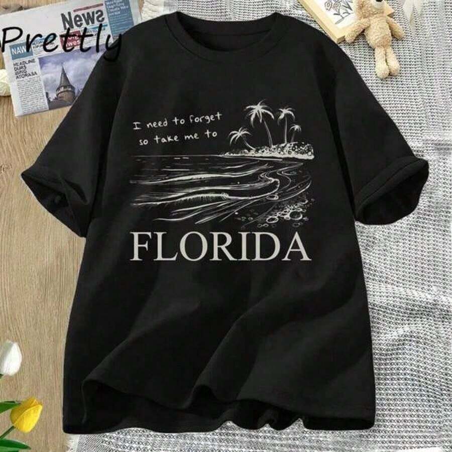 Camiseta de Playa de Florida para Mujer, Diseño con Frase "Necesito Olvidarme, Llévame a Florida", Transpirable y Cómoda, Manga Corta, Cuello Redondo de Algodón Suave, Ideal para Salidas Casuales y Looks de Moda Costera - Negro - Ver 1