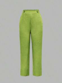 Pantalones elegantes y casuales de moda para mujer con bolsillos en ángulo y detalles de botones, adecuados para ir al trabajo, color negro, primavera - Amarillo verdoso - Ver 3