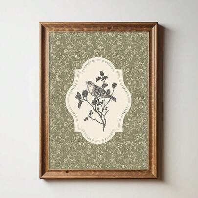 1pc Framed/Unframed Vintage Green Botanical Bird Rustic Canvas Poster Antique Floral Cottagecore Wall Art Print Farmhouse Decor Retro Scroll Painting For Hallway,Living Room,Bedroom,Modern Home Decoration