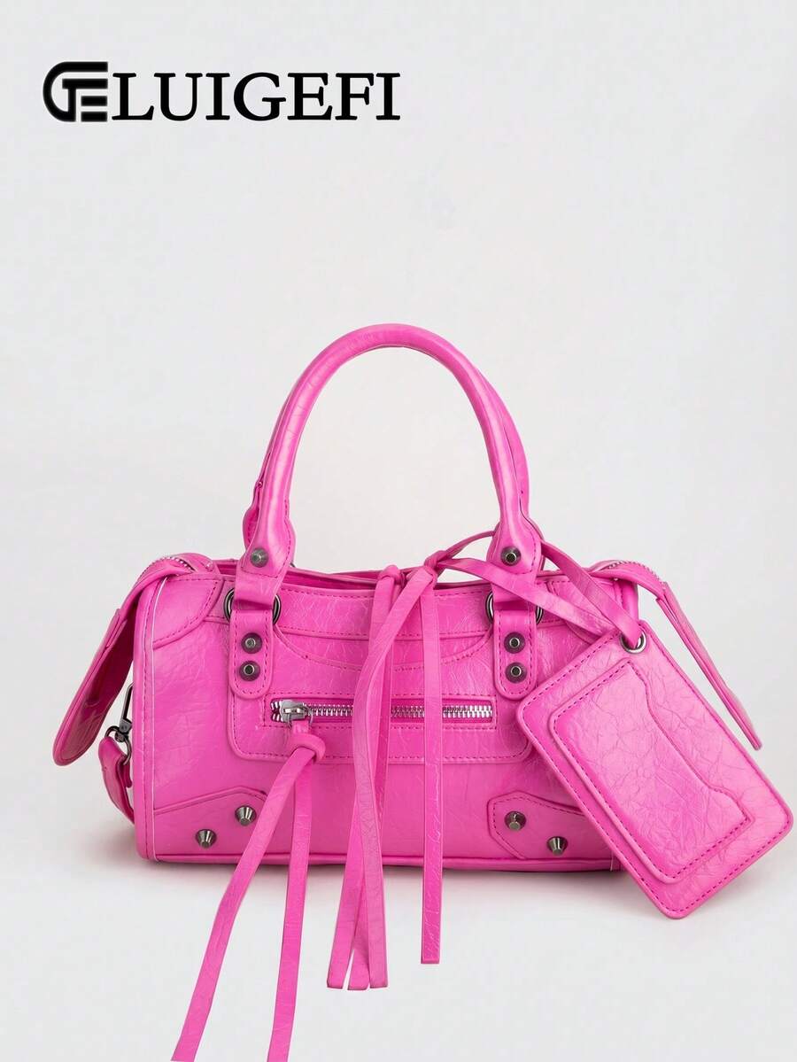 1 pieza Charm para bolso pequeño de material PU retro con cremallera, borlas de metal incrustadas con remaches, diseño de empalme en rosa fucsia, banda con bucle, estilo dulce y cool, biker bag, Y2K punk, bolso cuadrado - Rosa Fucsia - Ver 1