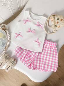 Young Girl Summer Bow Decor Top And Plaid Shorts Set - White - View 2