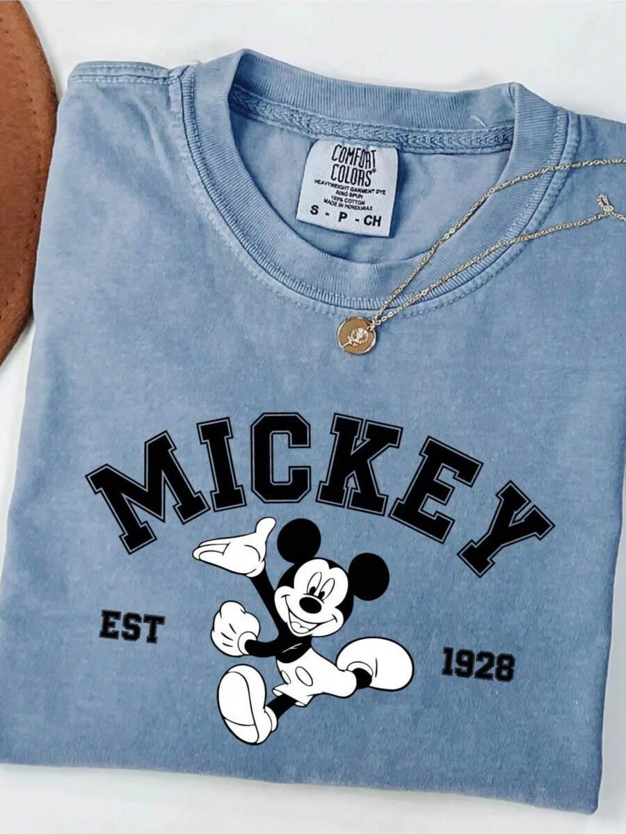 Authorized By Disney, Mickey Mouse Shirt, Disney Trip T-Shirt, Mickey 1928 Commemorative Sweater, Disneyland Sweater, Comfortable Color T-Shirt, Magic Kingdom Hoodie, Unisex. - Dusty Blue - View 1