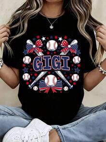 Camiseta de Mujer Casual de Corte Holgado con Estampado de Estrellas y Rayas de Béisbol Gigi y Lazo para Día de Juego Familiar o Salida - Negro - Ver 1