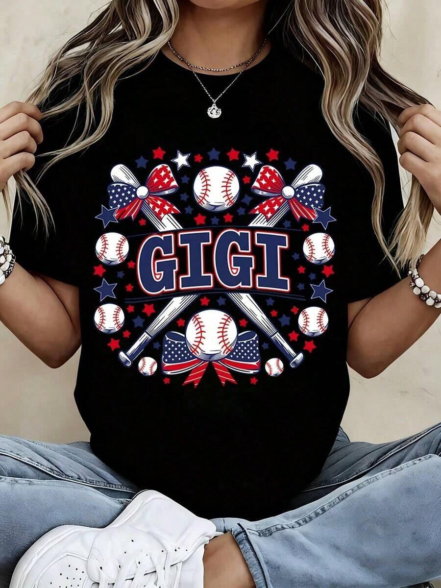 Camiseta de Mujer Casual de Corte Holgado con Estampado de Estrellas y Rayas de Béisbol Gigi y Lazo para Día de Juego Familiar o Salida - Negro - Ver 1