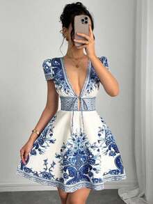 Vestido elegante con cuello en V y estampado floral con lazo - Azul - Ver 7