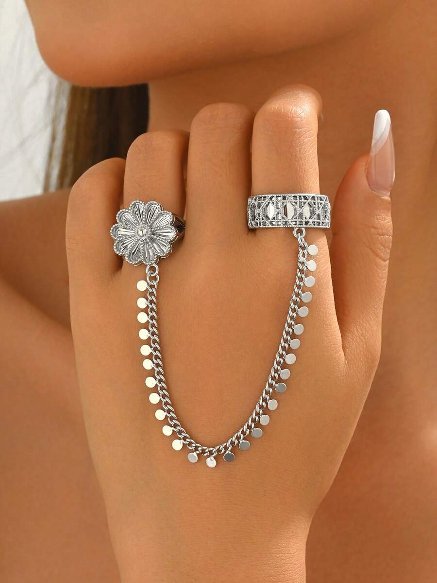 1 pezzo Anello regolabile in stile lussuoso con catena a nappe con fiori e paillettes placcato oro in rame, adatto per accessori da donna per matrimonio, banchetto, festa - Argento - Visualizzare 1