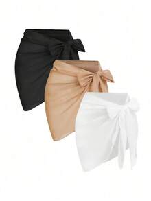 Conjunto de 3 piezas para mujer de verano con top básico de unicolor y minifalda coordinados, con detalle de nudo lateral - Multicolor - Ver 1