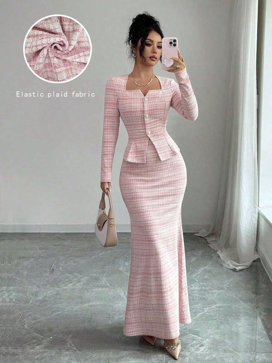 Conjunto de 2 piezas elegante y ajustado con chaqueta de manga larga de solapa única a cuadros y falda midi con bajo de cola de sirena para mujer - Rojo y blanco - Ver 1