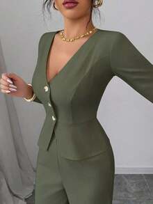 Conjunto de blazer y pantalones de manga larga elegante para mujer, estilo de negocios/oficina, adecuado para verano, Día de la Independencia, graduación, regreso a clases - Verde - Ver 3