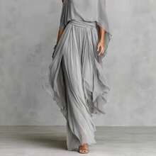 Conjunto para mujer de gasa gris nuevo, hombros descubiertos, tirantes y pantalones anchos, diseño irregular de moda - Gris - Ver 2