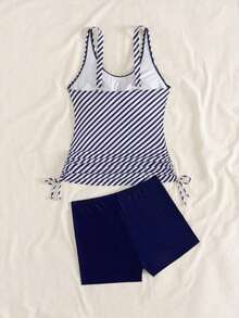 Swim Lushoire Conjunto de top y shorts de tela de rayas azules y blancas con cintura con cordón para playa y vacaciones, y top y shorts de tela lisa de talle alto, conjunto de bikini tankini de verano para mujer - Azul y blanco 3 - Ver 3