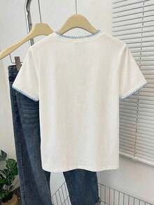 Camiseta de mujer casual de vacaciones con estampado tropical de bloques de color y rayas - Blanco 7 - Ver 2