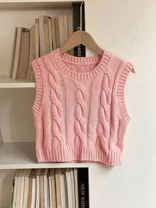 Chaleco de mujer de punto con patrón de cable, cuello redondo, para otoño/invierno - Rosa Pálido - Ver 4