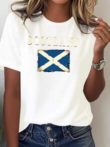 Cómoda camiseta de color sólido para mujer con la bandera británica escocesa, blusa casual para mujer. - Blanco - Ver 1