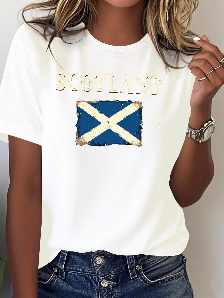 Cómoda camiseta de color sólido para mujer con la bandera británica escocesa, blusa casual para mujer. - Blanco - Ver 1