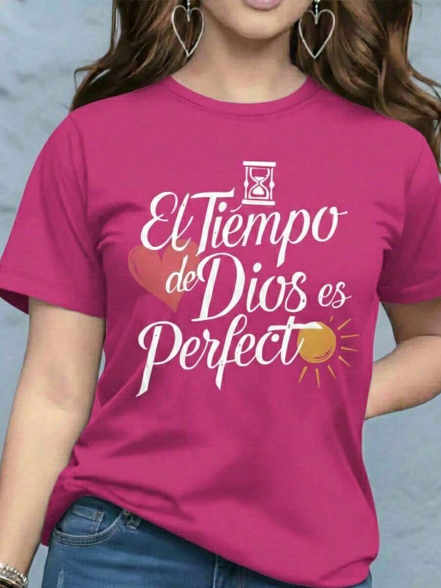 Women's Graphic Print T-Shirt Blouse, Casual Style, Love Print, Couples, Heart, February, Regular Fit, Soft Material, Crew Neck, Short Sleeves, Everyday Wear, Day Or Night, Street Style, Home, Comfortable, Cool, Lightweight, Modern, Youthful, Urban Aesthetic, Spring, Summer, Beach, Heat, Y2K, Feminine, Religious Phrase, God's Timing Is Perfect, Christian Lettering, Heart - 紫紅色帶白色 - 查看 1
