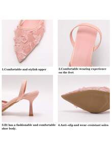 New Chinese Style White High Heel Mules, Pointed Toe Lace Embroidery Convertible Sandals For Women - Pink - View 9