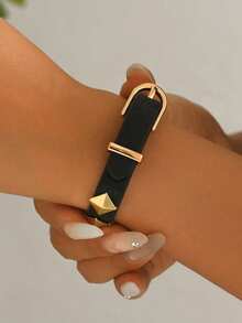 1pc Women's Rock Studded PU Triangle Stud Motorcycle Dark Style Y2K Bracelet - Black - B1488 - View 3