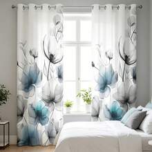 Lightweight, Semi-Sheer Curtains With A Linen Texture And Floral Print, Softly Filtering Light, 2-Piece Set For Bedroom And Living Room - 湖藍色 - 查看 3