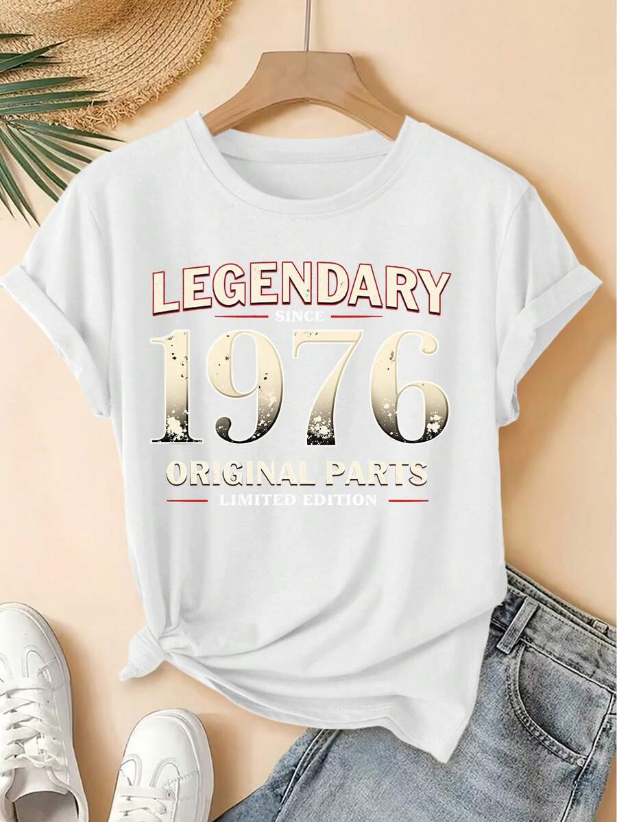 Women's Spring/Summer 2026 T-Shirt, New Women's Crew Neck T-Shirt, Legendary Retro 1976 Print, Short Sleeve, Vintage Distressed Style, Casual Top, Soft Knit Fabric, High-Quality Women's Clothing. | Fun And Original Design | Suitable For Everyday Wear In Spring, Summer, And Autumn. | Fun And Rejuvenating Top - 白色 - 查看 1